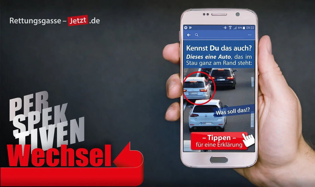 Titelbild „Perspektivenwechsel“ – in unserer Kampagne zeigten wir Stau aus der Perspektive der „Rettungsgasse-Verweigerer“ und klärten auf.