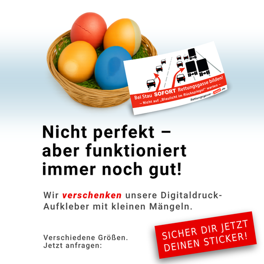 Osternest mit Ostereiern und Rettungsgasse-Aufkleber mit exemplarischen Mängeln