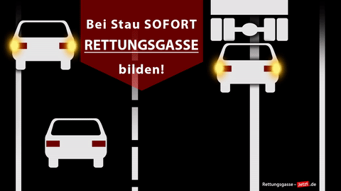 Unsere GIF-Animation verdeutlicht mit PKW-Piktogrammen, wie die Rettungsgasse zu bilden ist – schon beim Eintreffen am Stau-Ende das Fahrzeug an den jeweiligen Außenrand lenken!